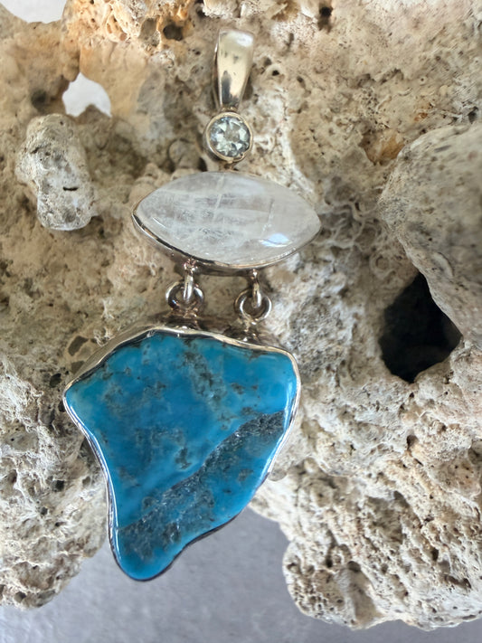 Raw edge turquoise with rainbow moonstone and Blue topaz