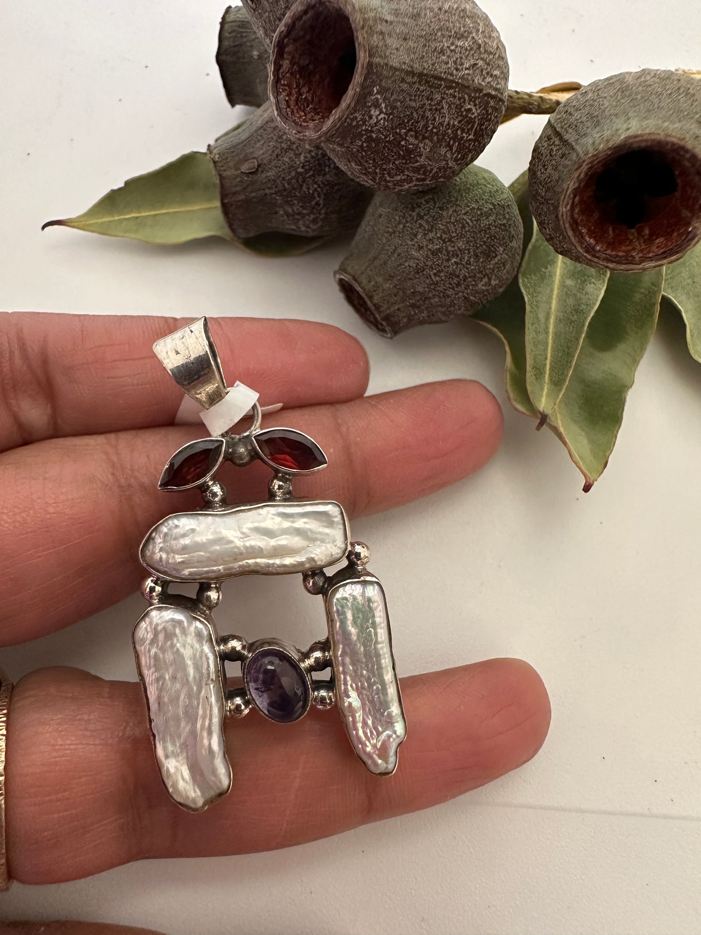 Biwa Pearl with Amethyst and Garnet