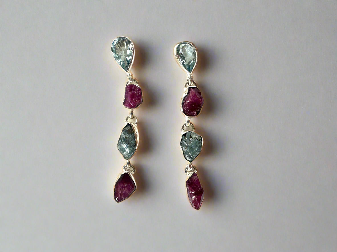 Blue Topaz with Raw Ruby and Raw Aquamarine