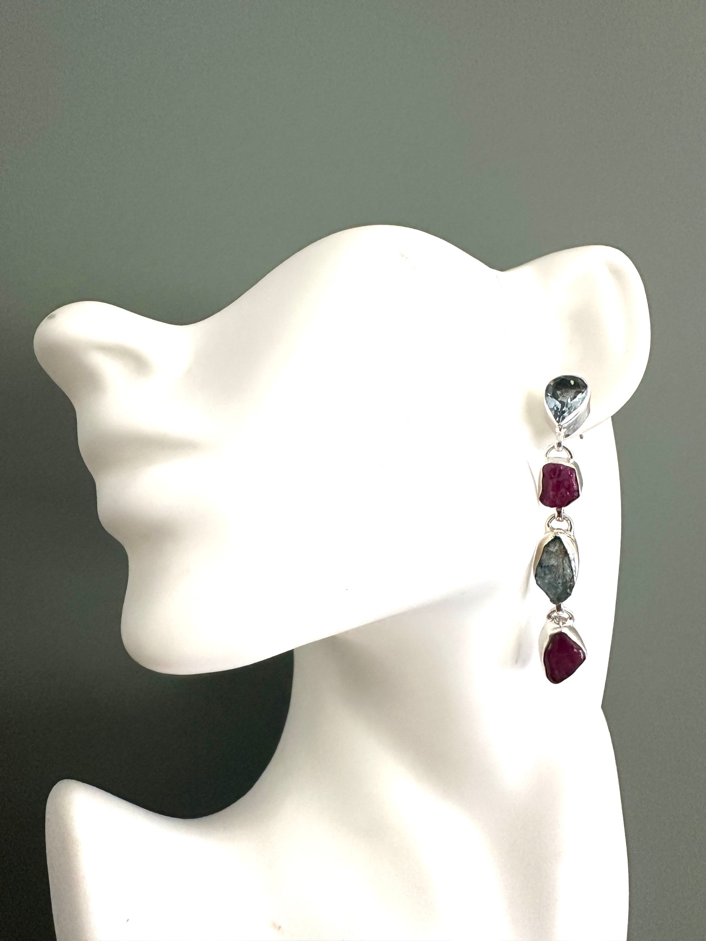 Blue Topaz with Raw Ruby and Raw Aquamarine