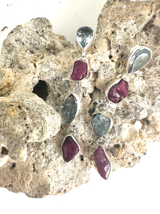 Blue Topaz with Raw Ruby and Raw Aquamarine