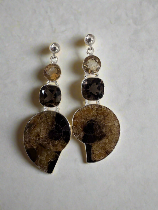 Ammonite Fossil with Smoky Quartz and Citrine