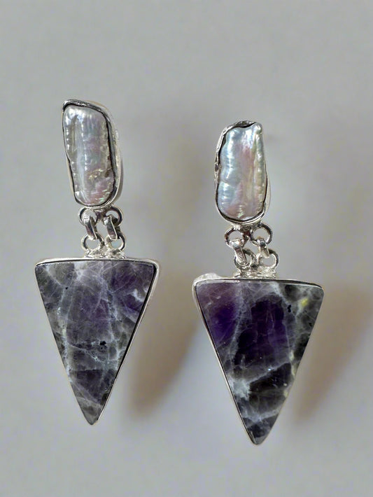 Lepidolite Triangles with Biwa Pearl