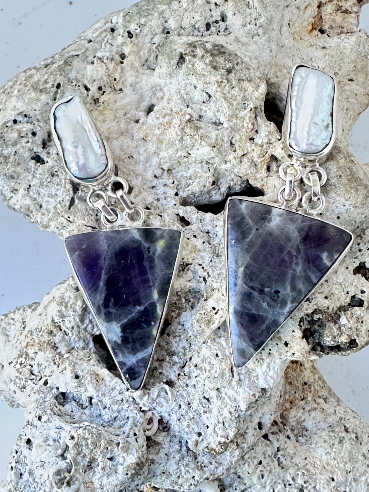 Lepidolite Triangles with Biwa Pearl
