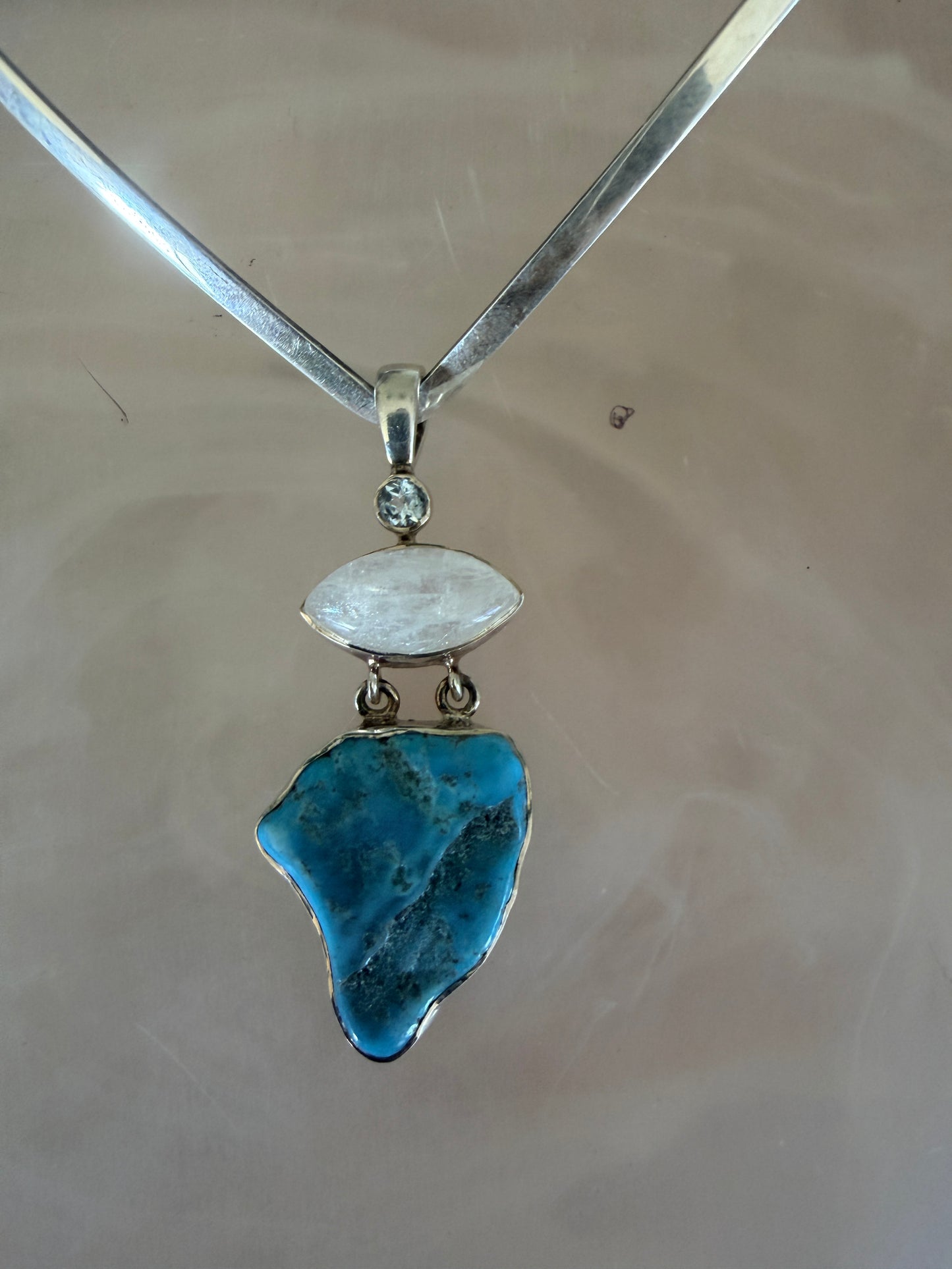 Raw edge turquoise with rainbow moonstone and Blue topaz