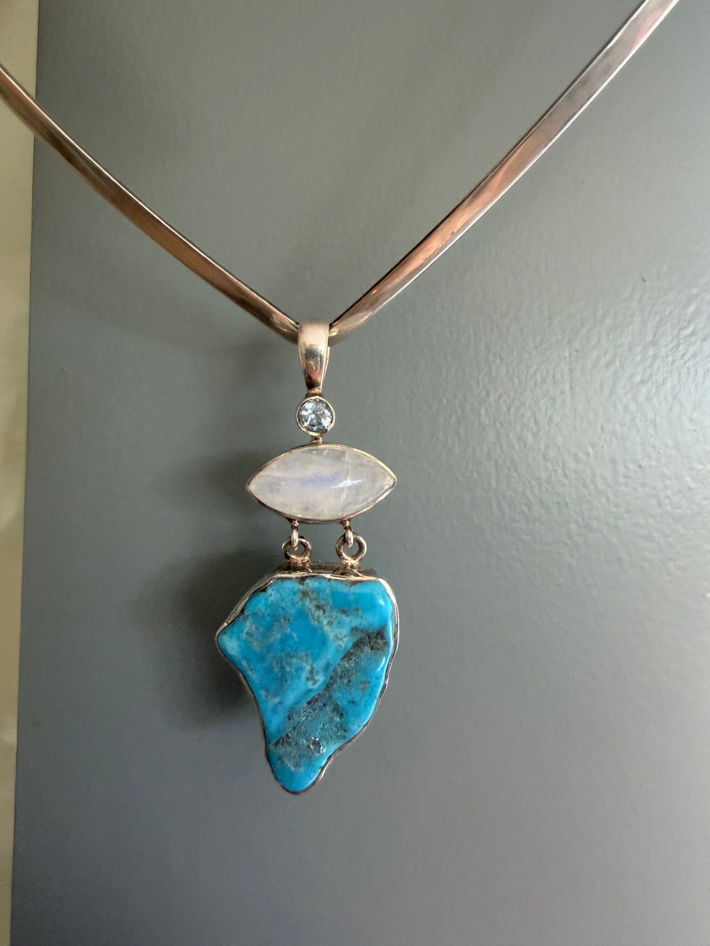 Raw edge turquoise with rainbow moonstone and Blue topaz
