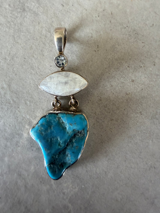 Raw edge turquoise with rainbow moonstone and Blue topaz