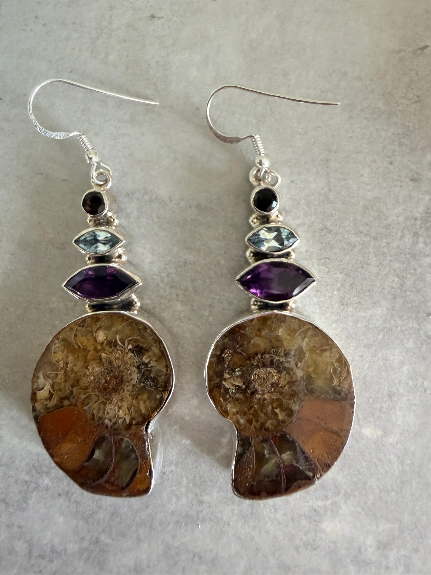 Ammonite with Amethyst ,Blue Topaz and Smoky Quartz