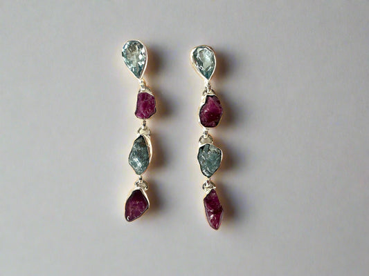 Blue Topaz with Raw Ruby and Raw Aquamarine