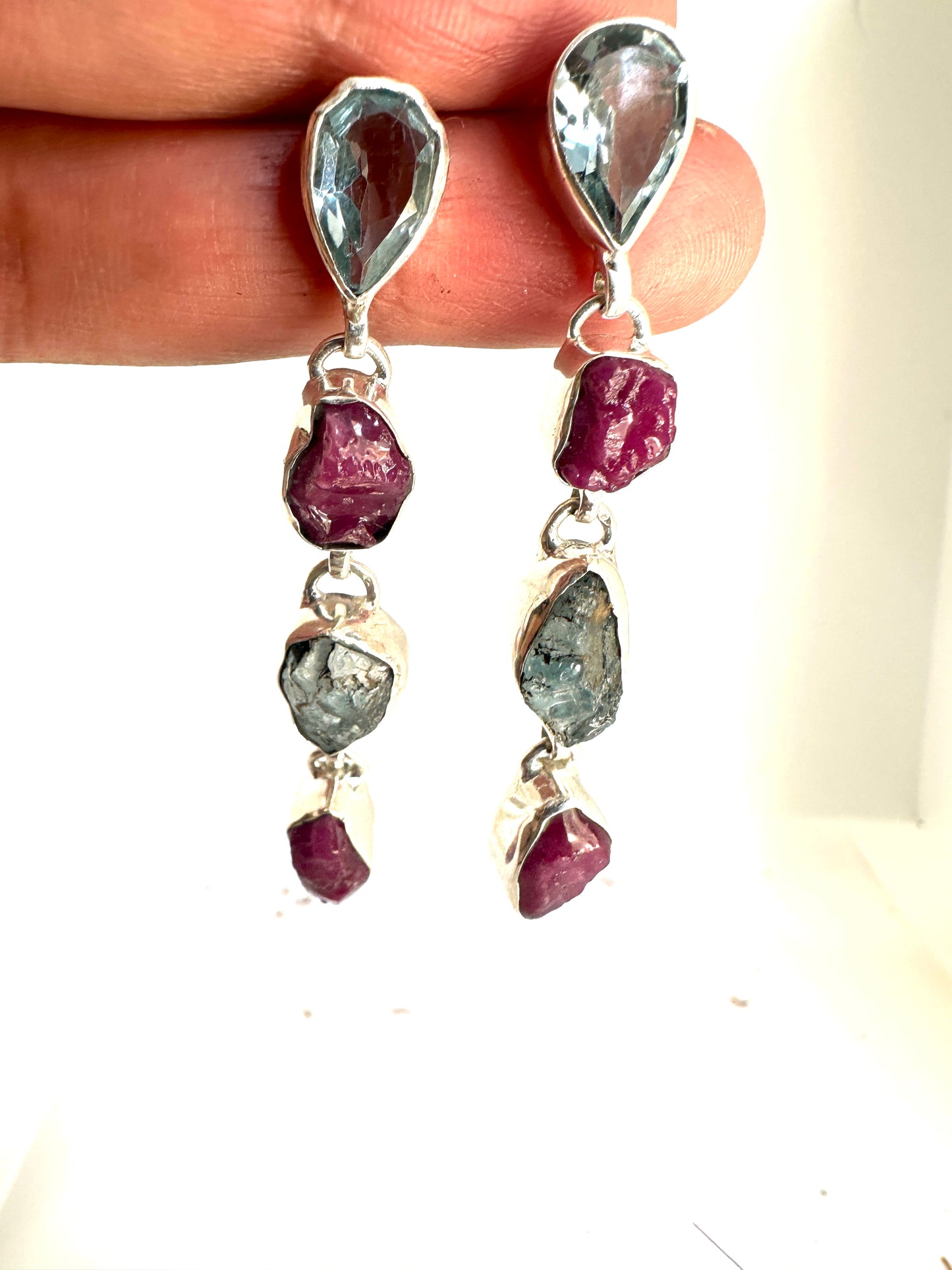 Blue Topaz with Raw Ruby and Raw Aquamarine