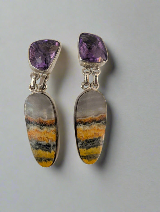 faceted amethyst with bumble bee jasper in 925 sterling silver earrings